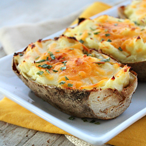 Double Baked Cheesy Potatoes #potatoes #doublebaked #cheese #tableforsevenblog