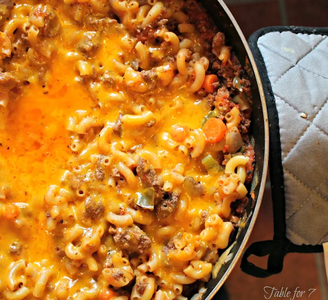 One Skillet Cheesy Beef and Macaroni from Table for Seven 