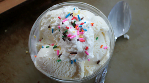 `Cake Batter Ice Cream with Homemade Whipped Cream #whippedcream #icecream #homemade #cakemix #cakebatter #dessert #tableforsevenblog