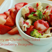 Strawberry and Chicken Pasta Salad with Strawberry Vinaigrette #strawberry #chicken #salad #vinaigrette #pastasalad #tableforsevenblog
