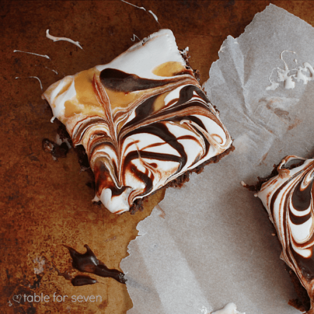 Chocolate and Caramel Marshmallow Fluff Brownies from Table for Seven 