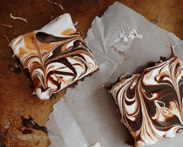 Chocolate and Caramel Marshmallow Fluff Brownies from Table for Seven 