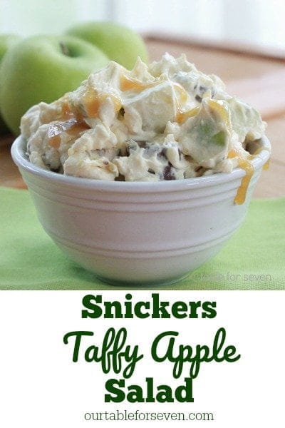 Snickers Taffy Apple Salad @tableforseven #tableforsevenblog #taffyapple #salad #snickerscandybar #apple #caramel