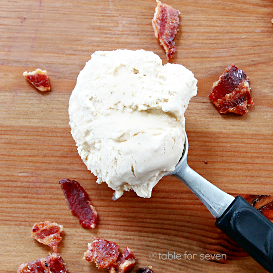 Salted Caramel Maple Ice Cream with Candied Bacon Bits #bacon #mapleicecream #saltedcaramel #icecream #tableforsevenblog