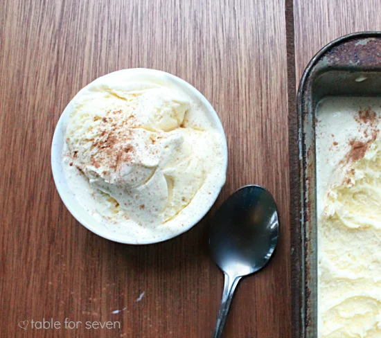 Two Ingredient Eggnog Ice Cream #icecream #eggnog #nobakedessert #holidaybaking #tableforsevenblog 