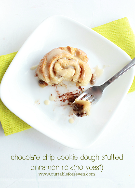 Chocolate Chip Cookie Dough Stuffed Cinnamon Rolls -No Yeast #chocolatechipcookiedough #cinnamonrolls #tableforsevenblog 