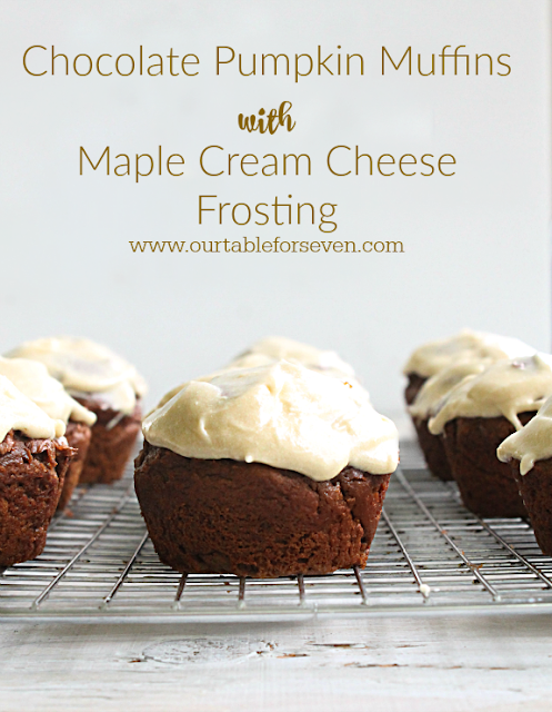 Chocolate Pumpkin Muffins with Maple Cream Cheese Frosting #tableforsevenblog #chocolate #pumpkin #creamcheese #frosting @tableforseven
