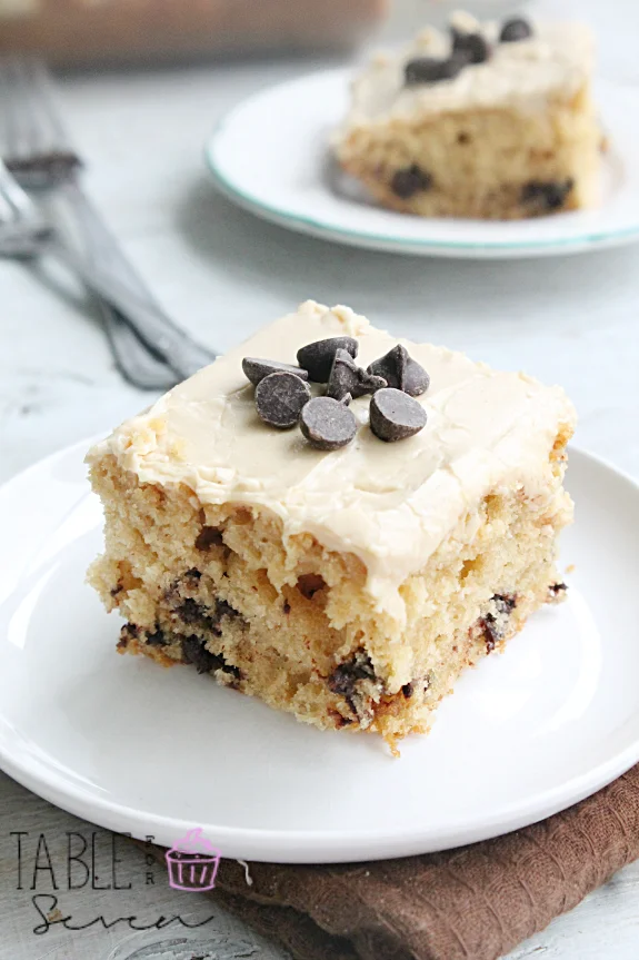 Peanut Butter Chocolate Chip Buttermilk Cake #buttermilk #peanutbutter #chocolatechip #cake #dessert #tableforsevenblog 