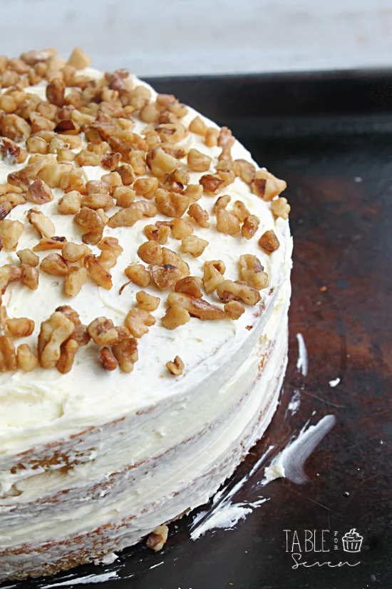 Maple Walnut Cake with Maple Buttercream Frosting #maple #cake #layercake #walnut #dessert #tableforsevenblog 