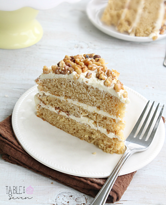 Maple Walnut Cake with Maple Buttercream Frosting #maple #cake #layercake #walnut #dessert #tableforsevenblog 