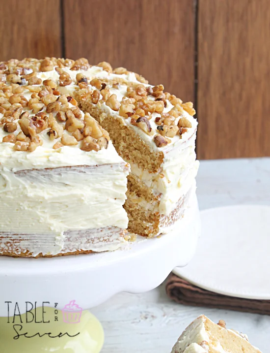 Maple Walnut Cake with Maple Buttercream Frosting #maple #cake #layercake #walnut #dessert #tableforsevenblog 