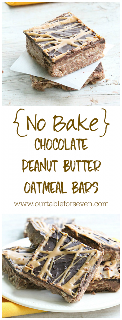 No Bake Chocolate and Peanut Butter Oatmeal Bars #nobake #peanutbutter #oatmeal #nobakebars #chocolate #tableforsevenblog 