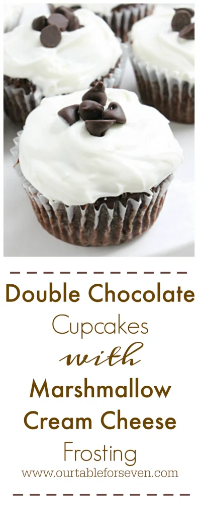 Double Chocolate Cupcakes with Marshmallow Cream Cheese Frosting #chocolate #cupcakes #doublechocolate #dessert #marshmallow #marshmallowfrosting #tableforsevenblog 