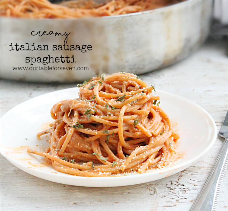 Creamy Italian Sausage Spaghetti #tableforsevenblog @tableforseven #spaghetti #Italiansausage #dinner