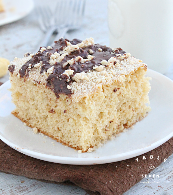Peanut Butter Cake with Crumb Topping and Chocolate Glaze #peanutbutter #cake #chocolateglaze #dessert #cakemix #dessert #tableforsevenblog