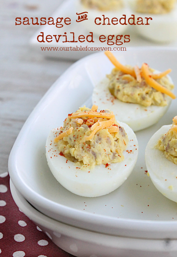 Sausage and Cheddar Deviled Eggs #deviledeggs #sausage #cheese #tableforsevenblog