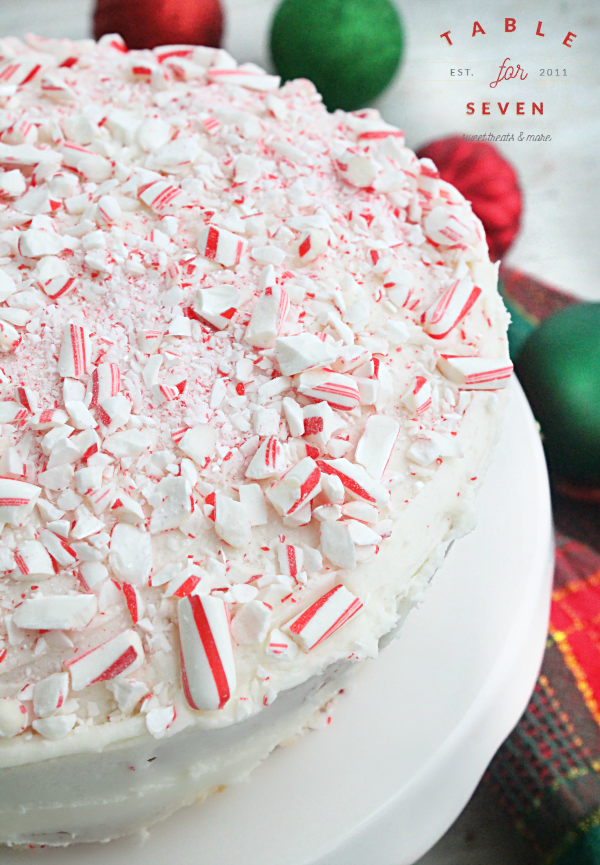 Peppermint Layer Cake #peppermint #layercake #cake #tableforsevenblog #whitecake #holidaybaking