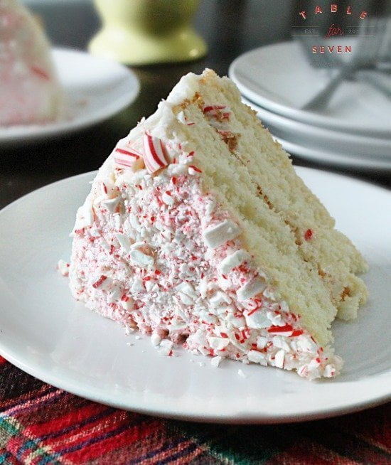 Peppermint Layer Cake #peppermint #layercake #cake #tableforsevenblog #whitecake #holidaybaking 