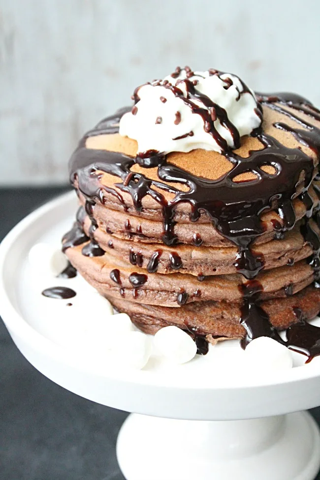Hot Cocoa Pancakes #hotcocoa #pancakes #chocolate #breakfast #tableforsevenblog 