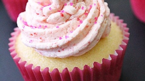 Lemon Cupcakes with Fresh Strawberry Buttercream Frosting from Table for Seven