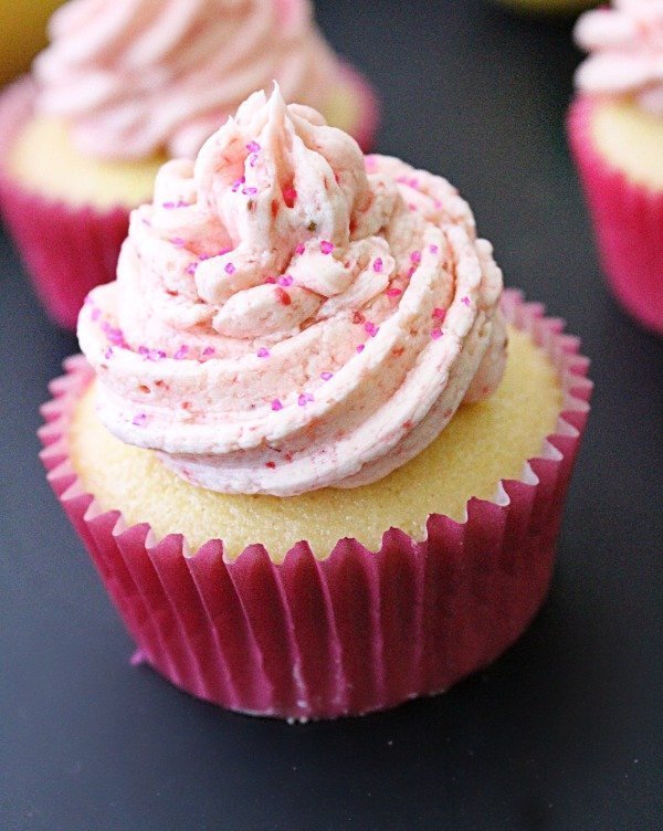 Lemon Cupcakes with Fresh Strawberry Buttercream Frosting from Table for Seven