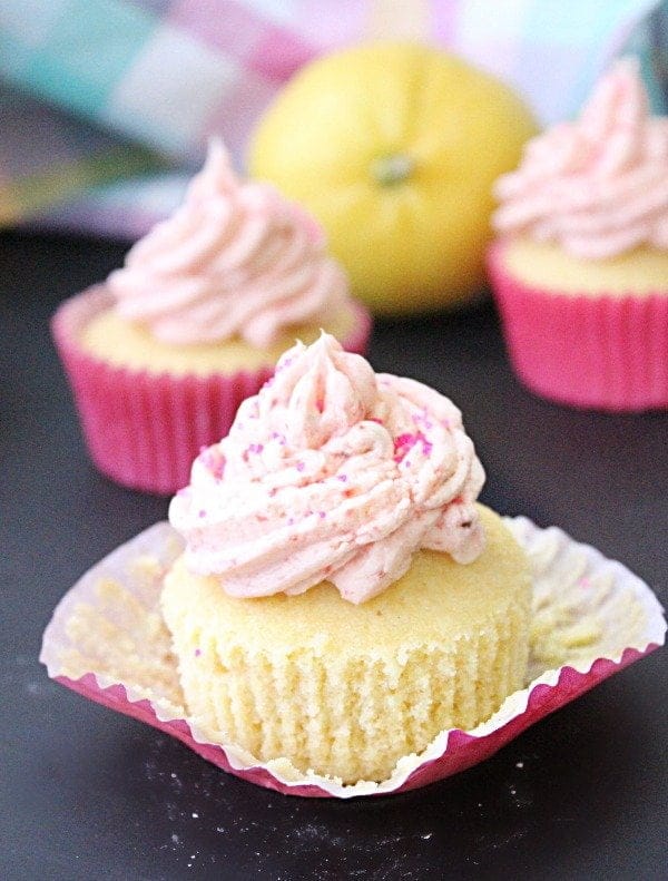 Lemon Cupcakes with Fresh Strawberry Buttercream Frosting from Table for Seven