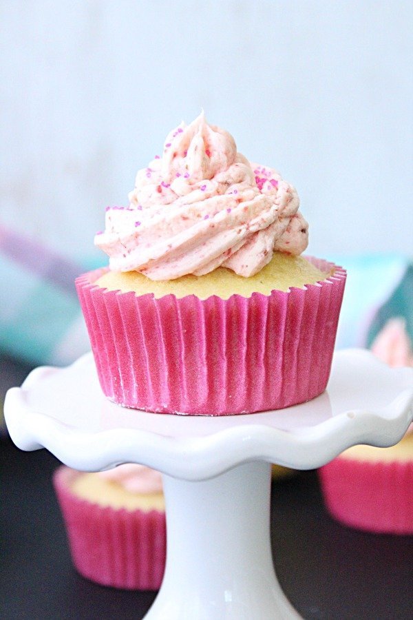 Lemon Cupcakes with Fresh Strawberry Buttercream Frosting from Table for Seven 