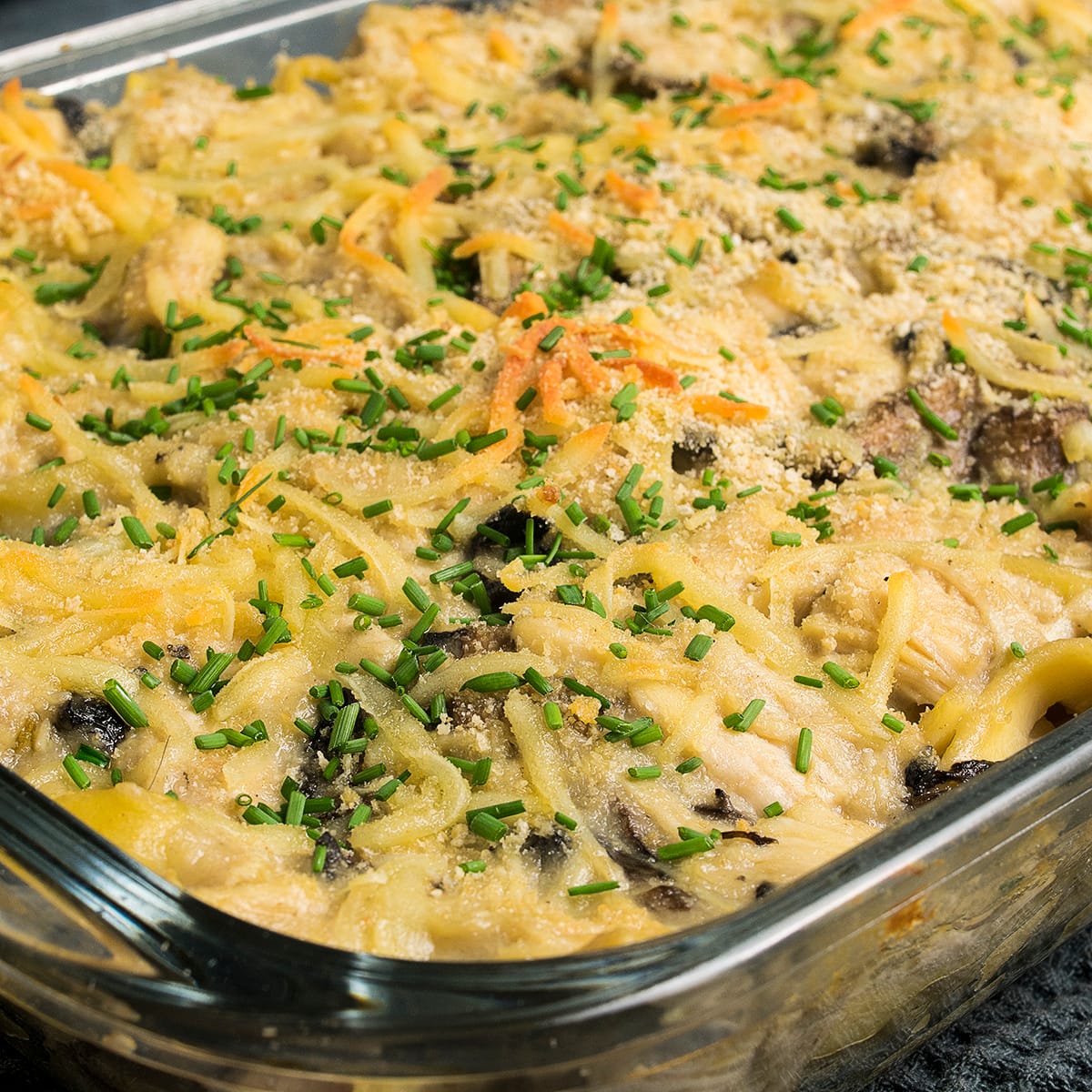 Close-up of the finished turkey tetrazzini in a baking dish, garnished with fresh chives.