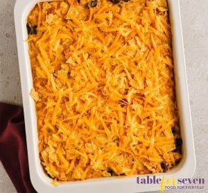 Chicken Dorito Casserole top with cheese