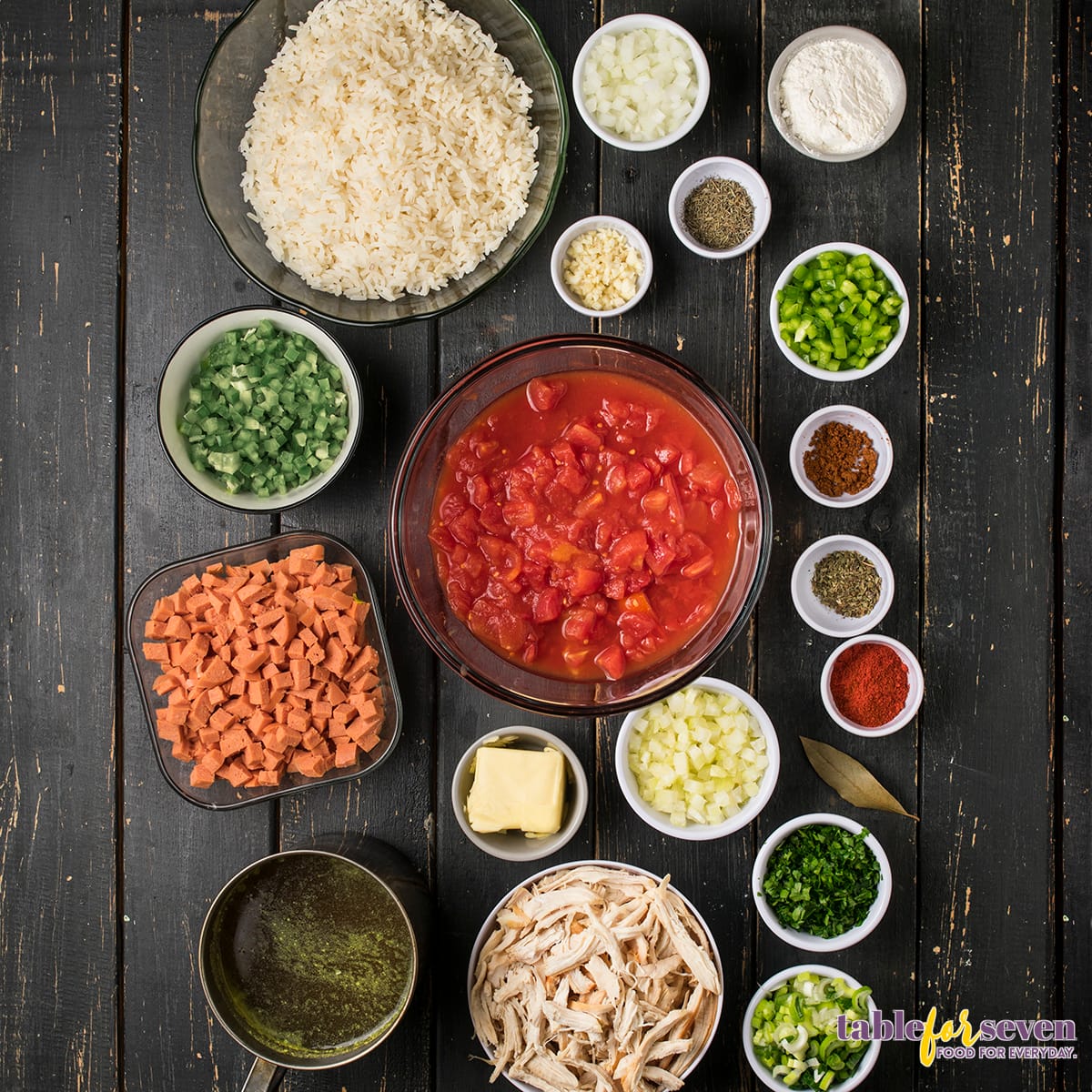 Ingredients for chicken and sausage gumbo