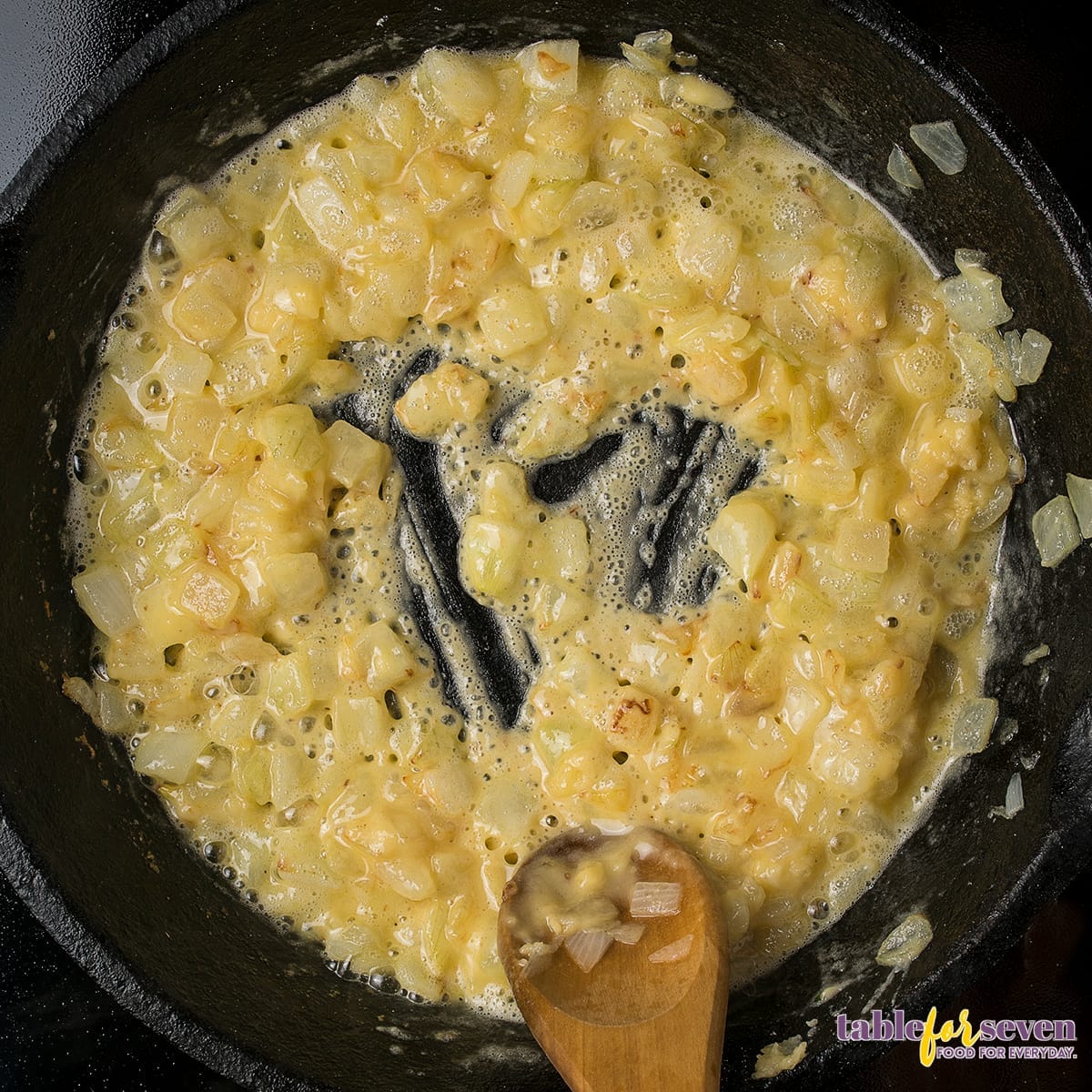 Cooking onions with flour to make a roux for the pot pie sauce