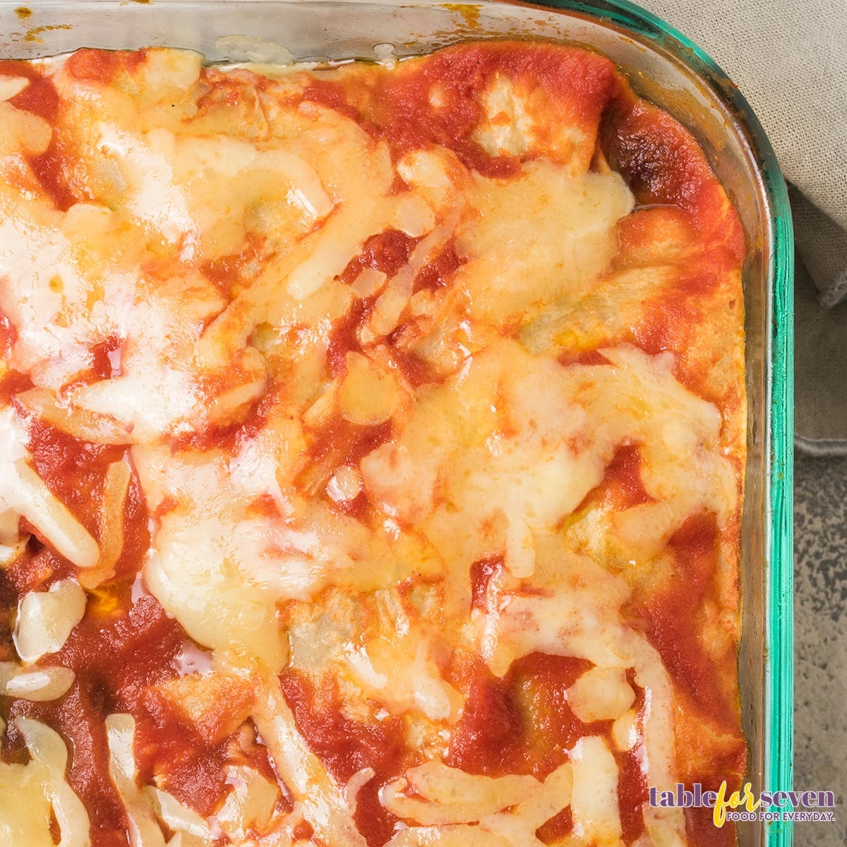 Top View of Baked Chicken Enchilada Casserole with Cheese