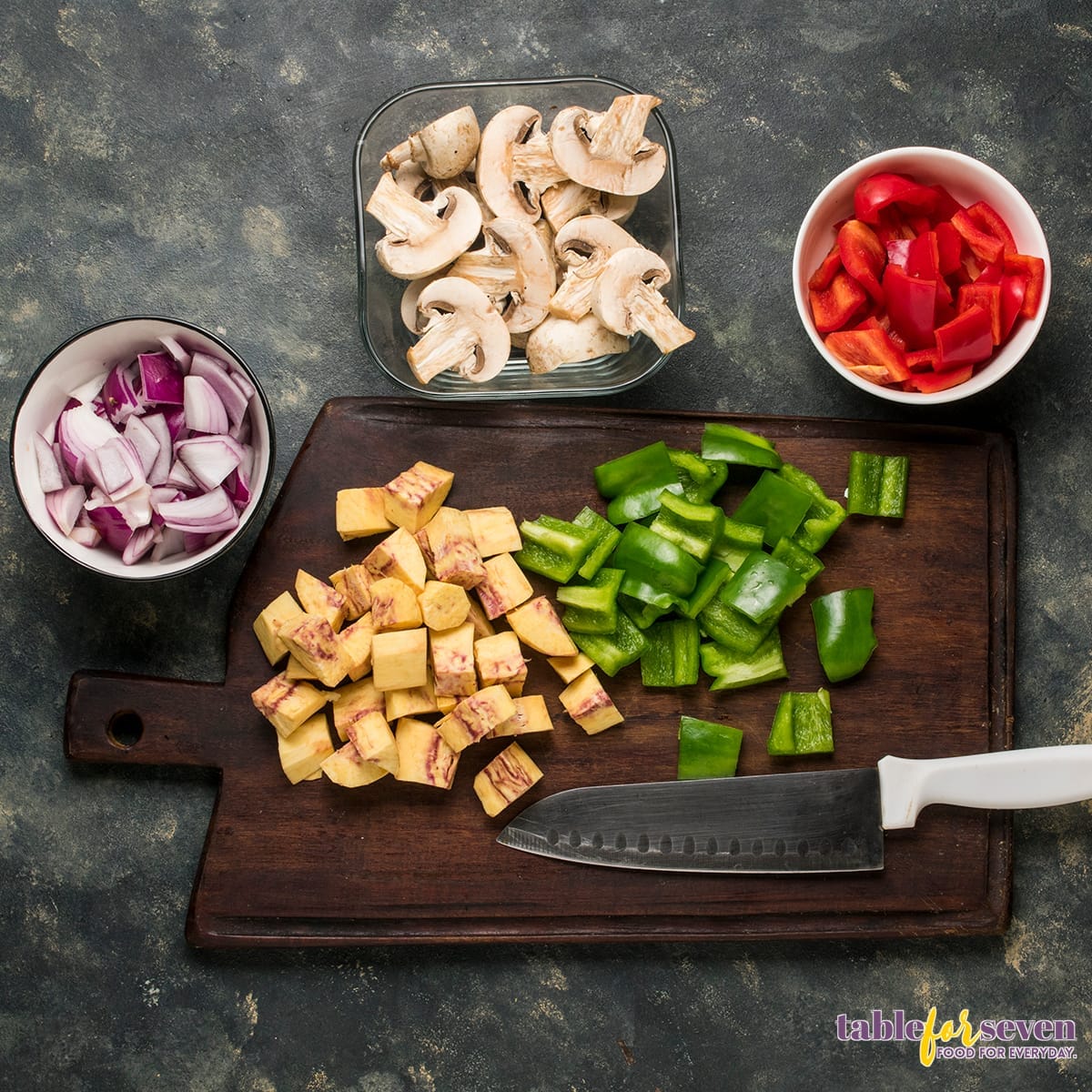 Chopped vegetables prepared for the sausage sheet pan dinner