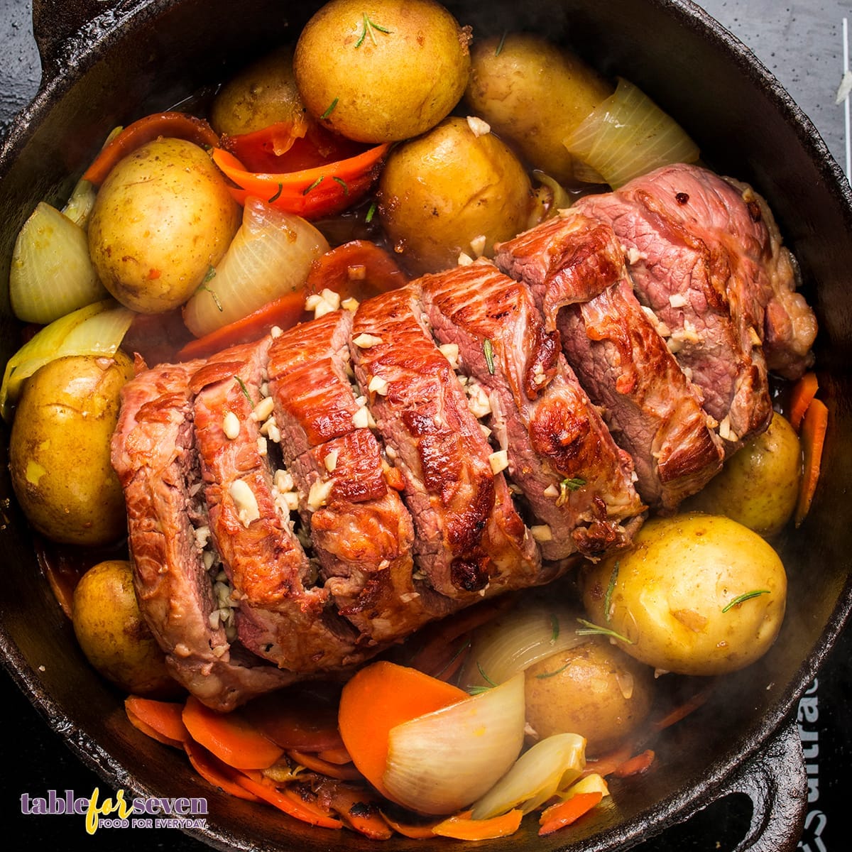 Adding rump roast to the Dutch oven with vegetables and seasoning