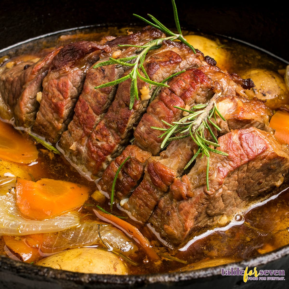 Rump roast cooking in the Dutch oven with potatoes, onions, and carrot