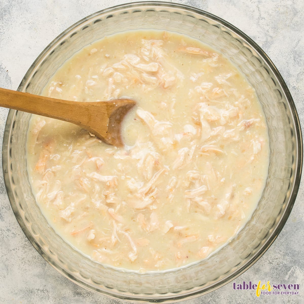 Creamy chicken mixture for Pioneer Woman Chicken and Dressing Casserole before baking