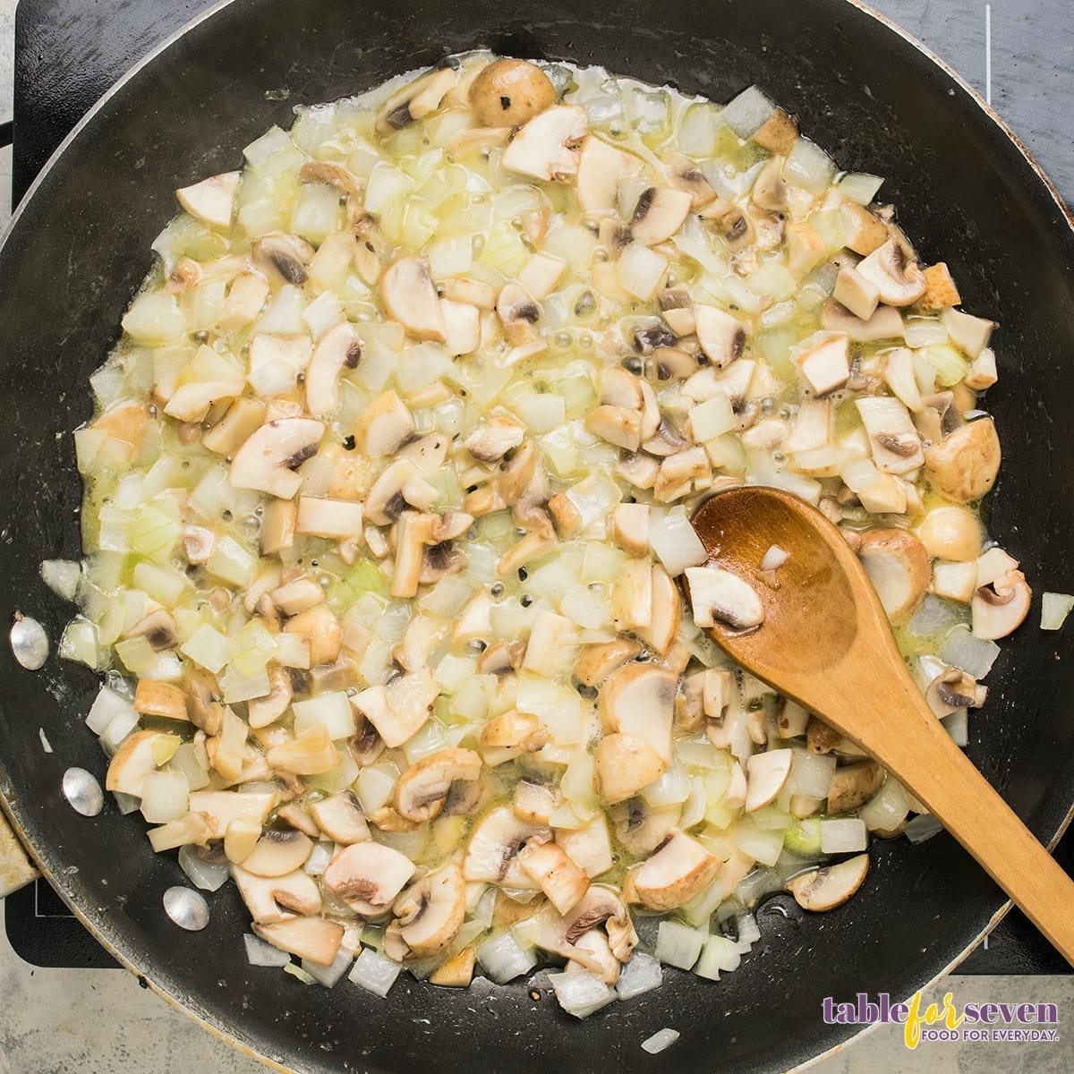 Sautéed mushrooms and onions for the base of Chicken Ala King