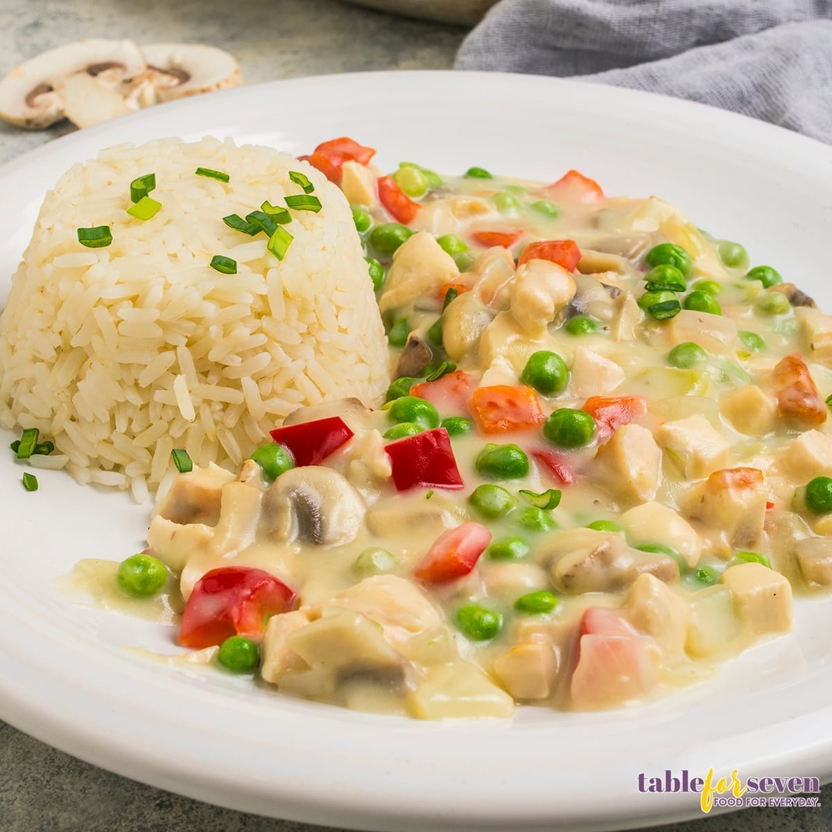 Plate of Chicken Ala King with a side of white rice