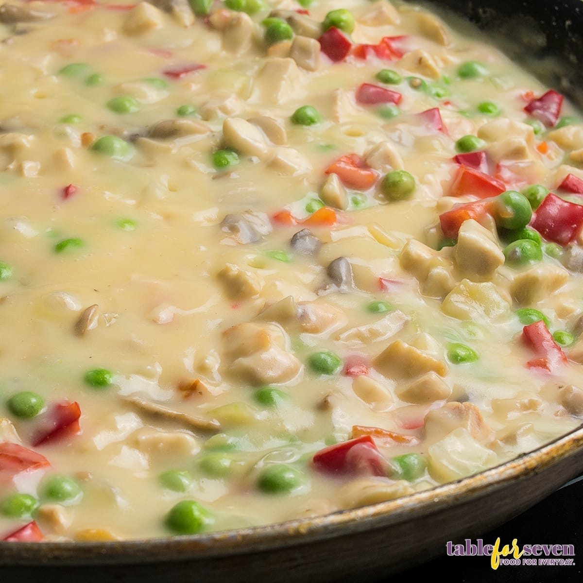 Skillet with creamy sauce and cooked chicken for Chicken Ala King