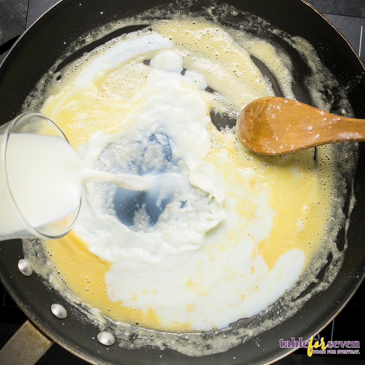 Adding milk to butter and flour mixture for creamed chipped beef