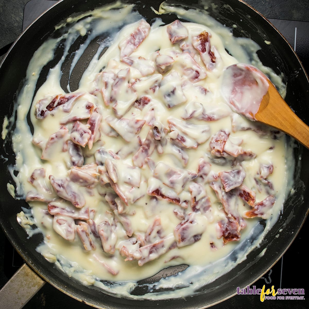 Beef and cream mixture in skillet for creamed chipped beef