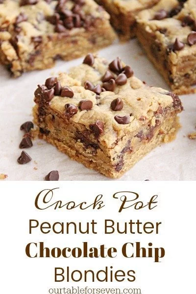 Crock Pot Peanut Butter Chocolate Chip Blondies pin image