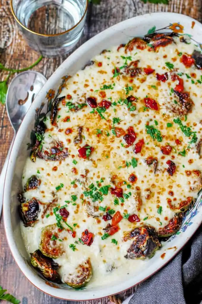 Cheesy Brussels Sprouts with Gruyere and Bacon