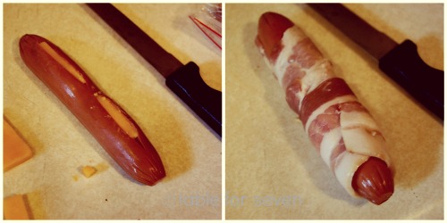 making of Bacon Wrapped Cheese Stuffed Hot Dog