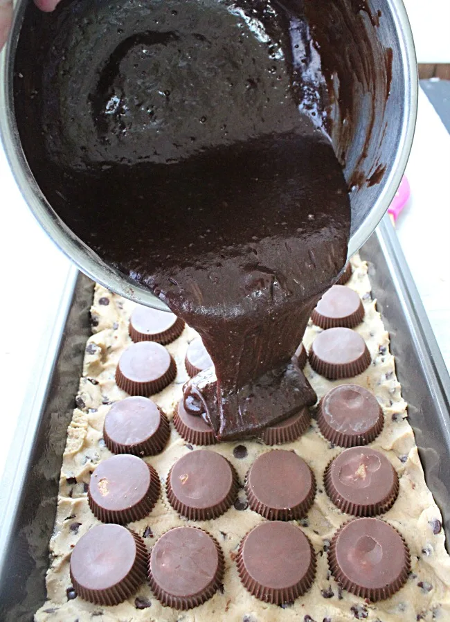making of Peanut Butter Cup Cookie Dough Brownies