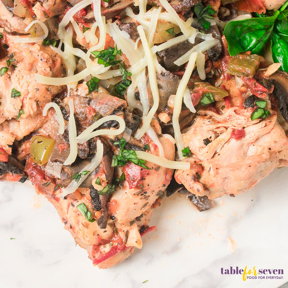 Top view of plated Chicken Cacciatore with a close-up of tender chicken and fresh vegetables