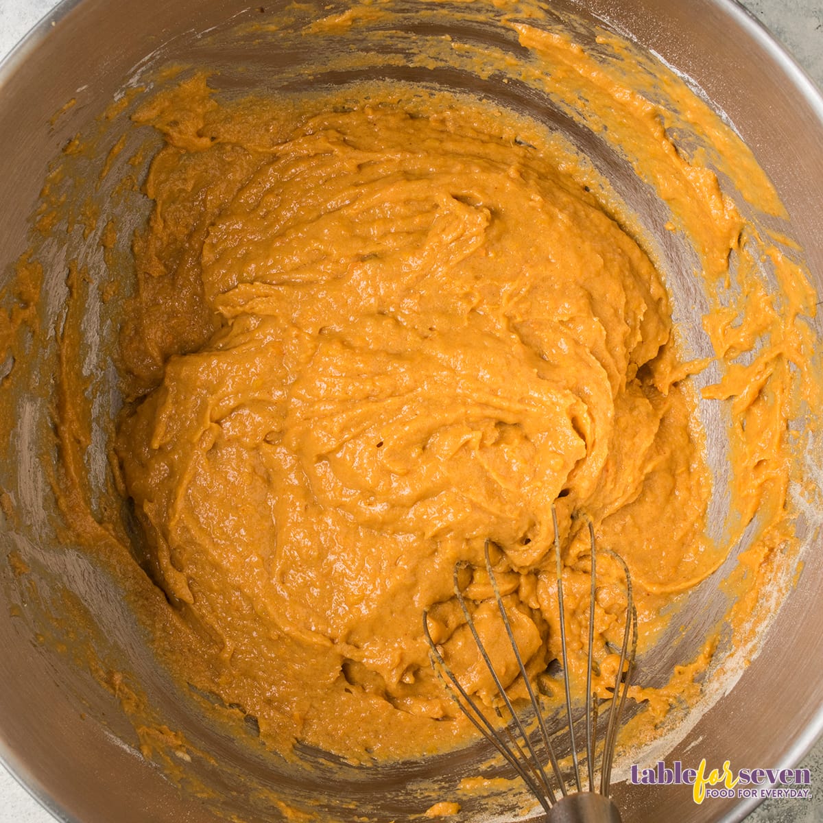 Sweet potato jack batter in a mixing bowl after combining ingredients