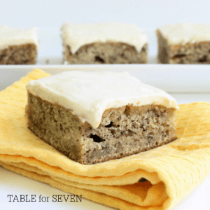 Banana Snack Cake with Banana Cream Cheese Frosting #tableforsevenblog #banana #bananacake #frosting #creamcheese #snackcake #dessert