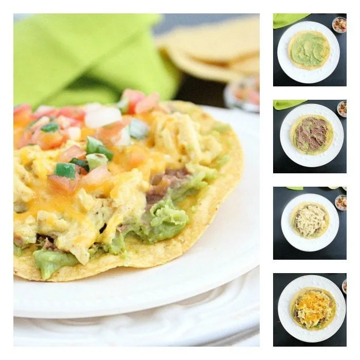 Breakfast Tostadas #tostada #breakfast #eggs #guacamole #tomatoes #cheese #tableforsevenblog 