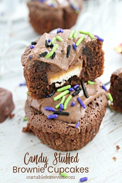 Candy Stuffed Brownie Cupcakes #tableforsevenblog #brownie #chocolate #cupcakes #brownies #dessert #candybar 